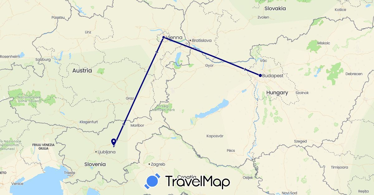 TravelMap itinerary: driving in Austria, Hungary, Slovenia (Europe)